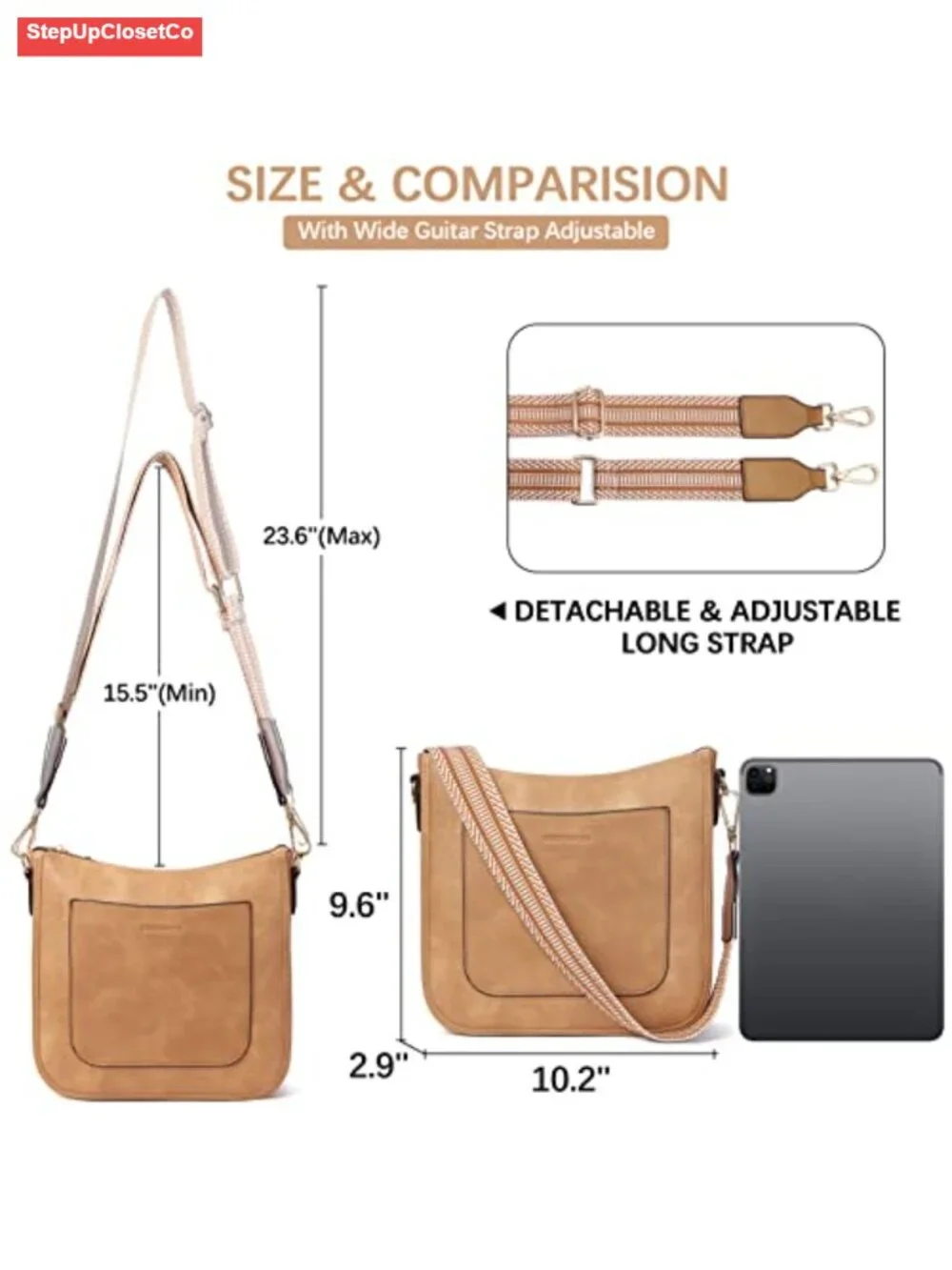 Women's Vegan Leather Crossbody Hobo Bag with Guitar Strap & Multiple Pockets